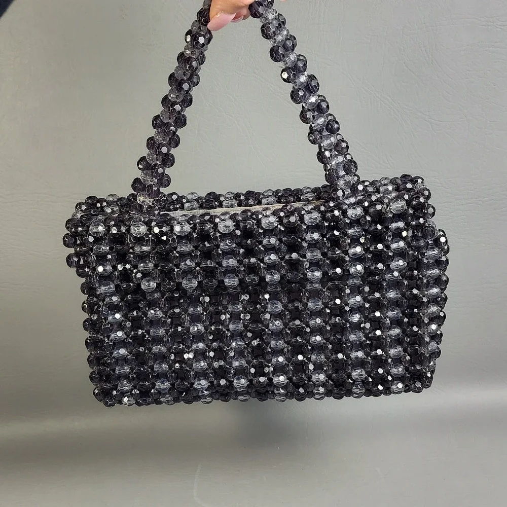 Vintage Crystal Beaded Purse Fauceted Beads Smoke Gray Hong Kong 60s Handmade